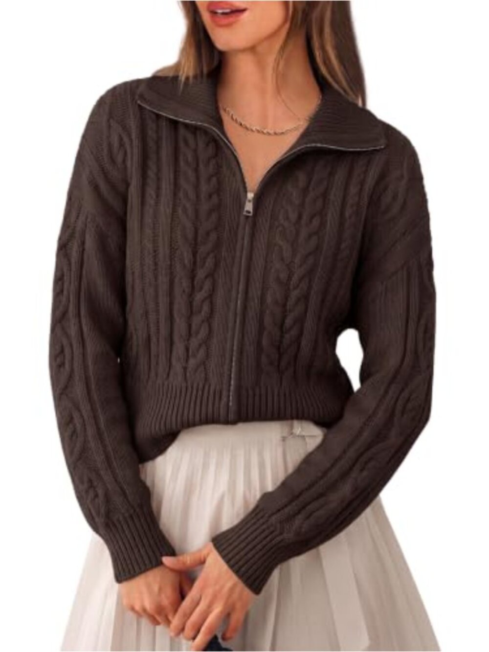 Women's Cropped Cable Knit Cardigan Zip Up Sweater